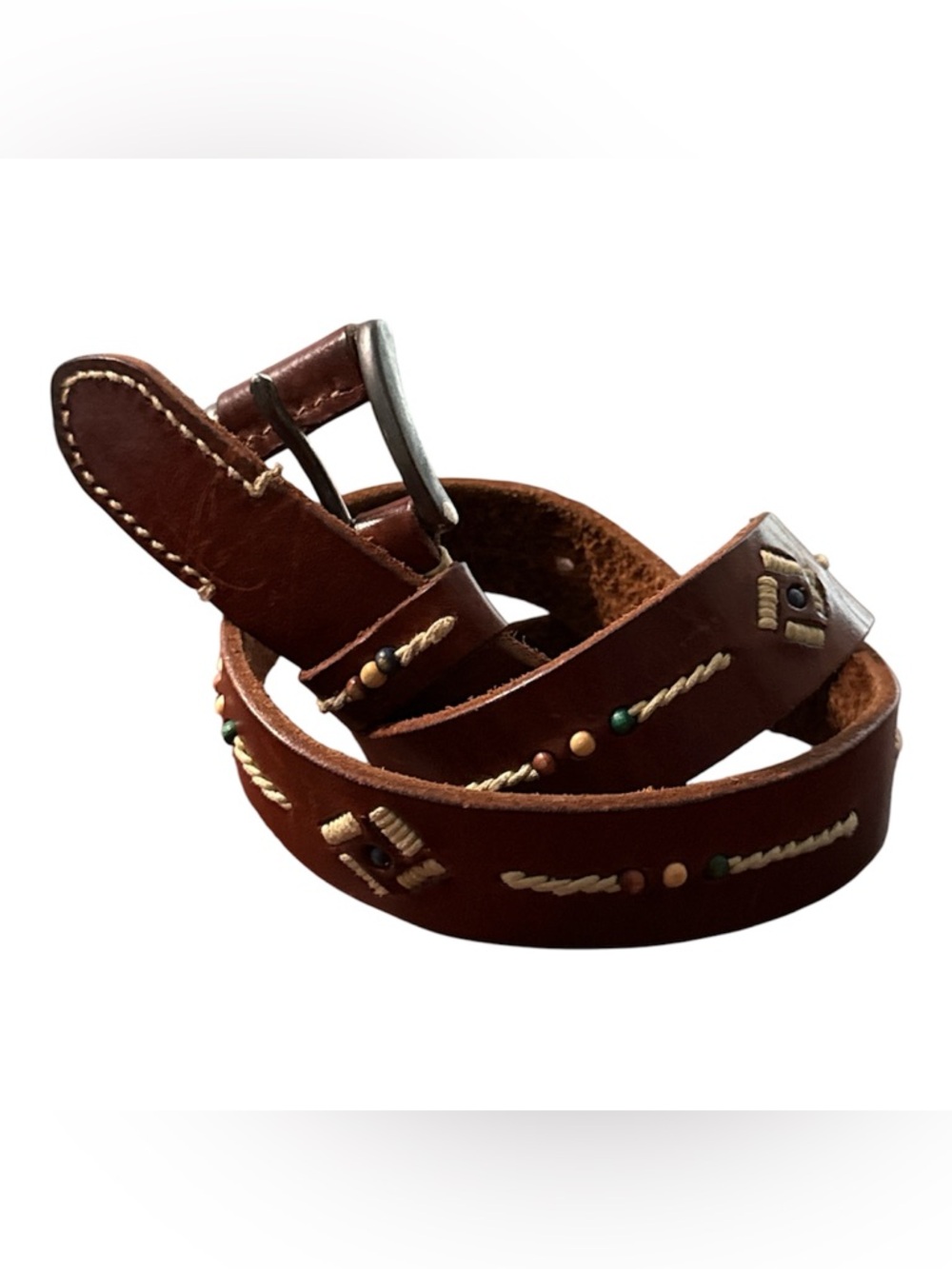 Vintage Leather Belt Southwestern Boho Western Beaded Stone Concho Cognac Sz M